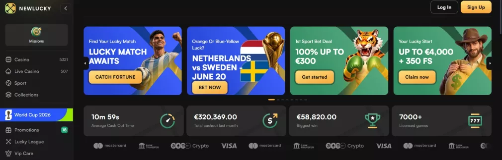 New Lucky Casino – 250% tot €4.000 + 250 Gratis Spins welkomstbonus